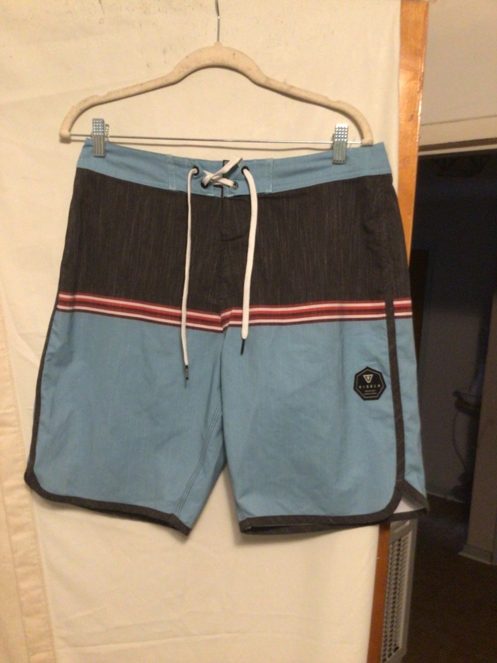 VISSLA a UPCYCLED poly cotton stretch swim shorts with Velcro fly with tie at wa